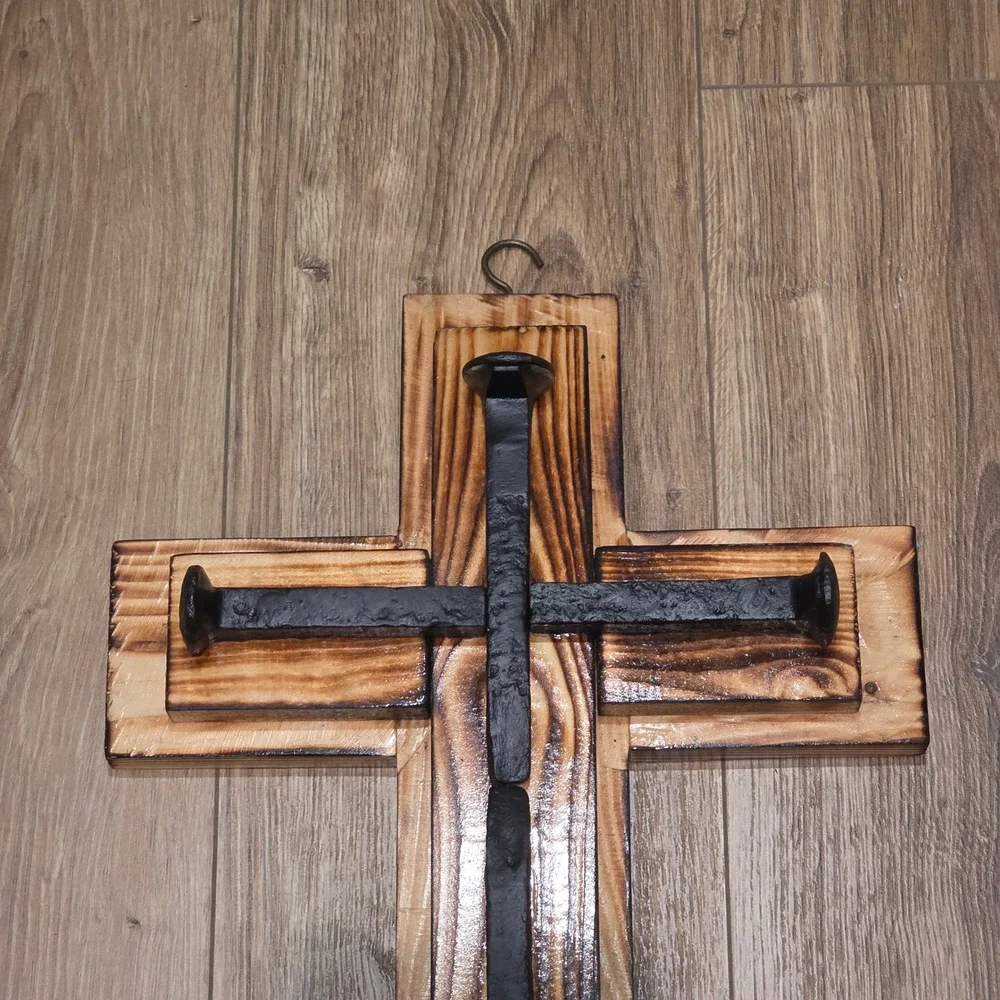 Handcrafted Distressed Wood Cross, Black Metal Nail Spikes, Rustic Spiritual Art